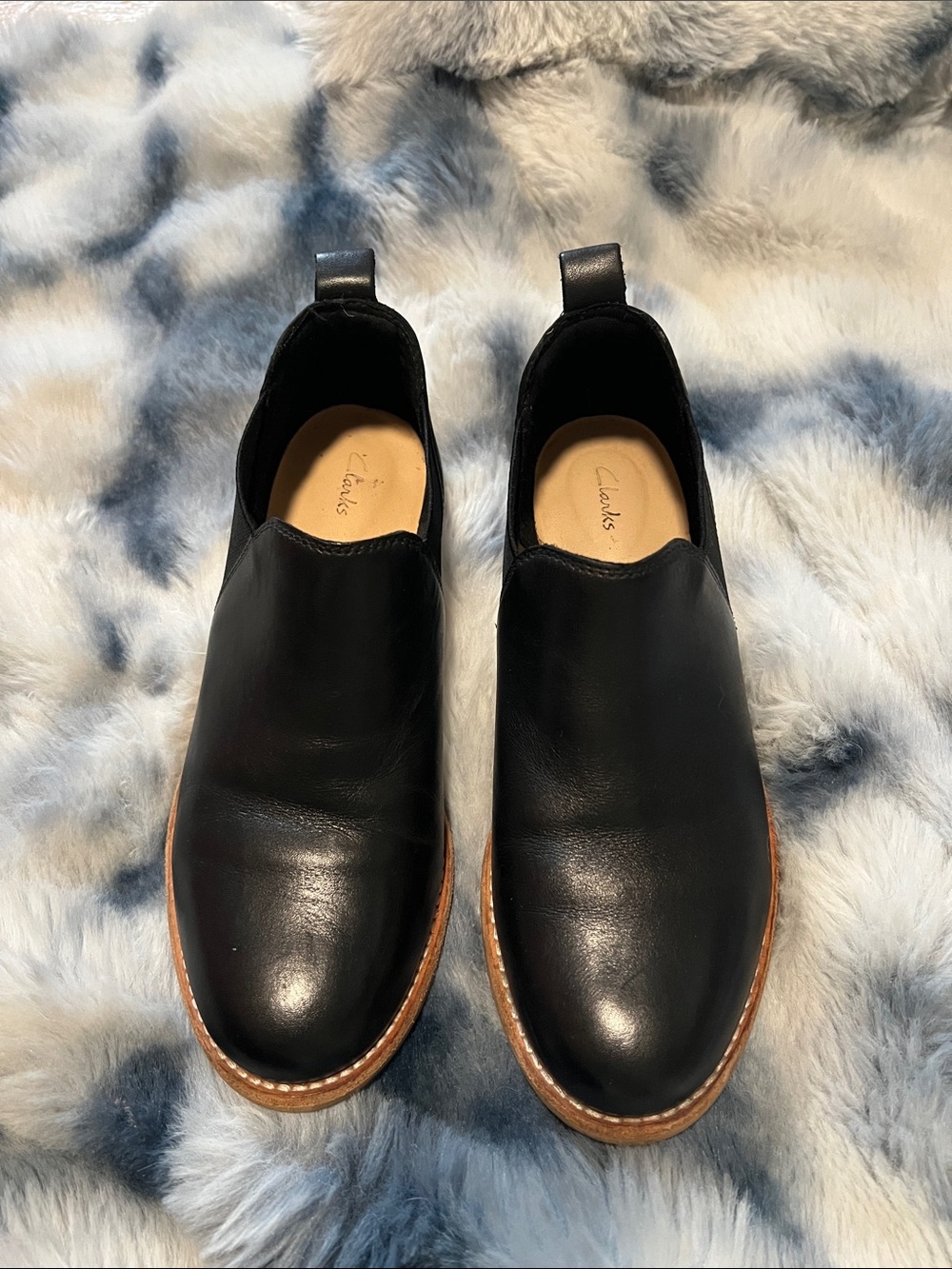 Clarks Black Leather Slip-On Loafers with Tan Welt